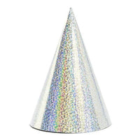 HOLOGRAPHIC SILVER PARTY CONE HATS X6