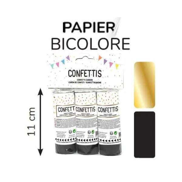 3 CANONS CONFETTIS 11 CM OR+NOIR PAPIER DE SOIE