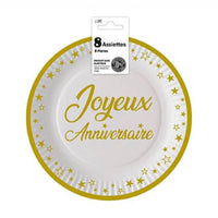 SET 8 BIRTHDAY PLATES IN CARDBOARD 18CM GOLD 