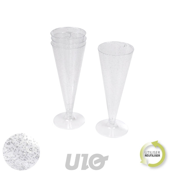 SET 6 FLUTES CHAMPAGNE EN PLASTIQUE REUTILISABLE 12CL PAILLETE ARGENT