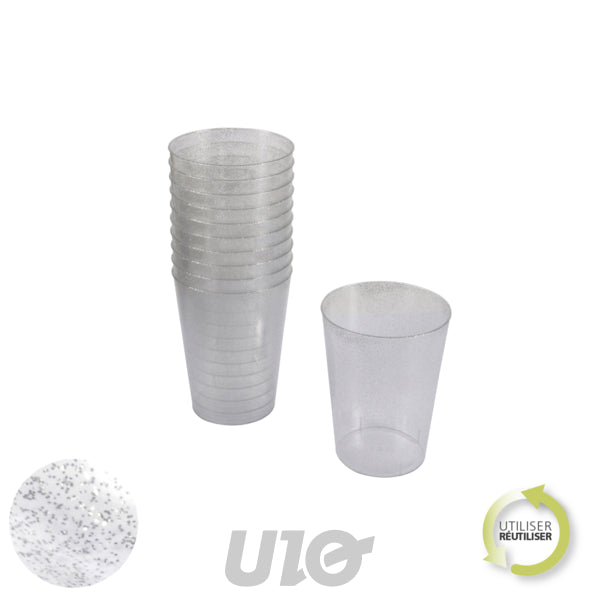GOBELETS TRANSPARENTS AVEC PAILLETTES ARGENT X20