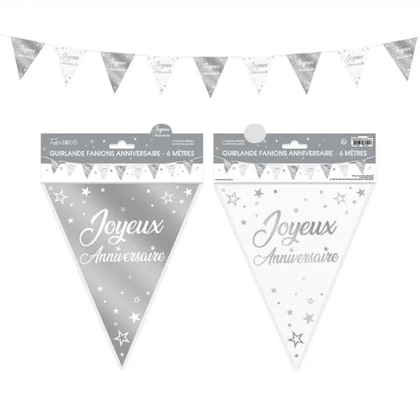 HAPPY BIRTHDAY PENNANT GARLAND SILVER 6M