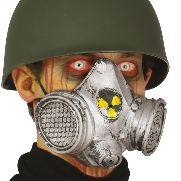 Masque Halloween à gaz avec symbole nucléaire effrayant.