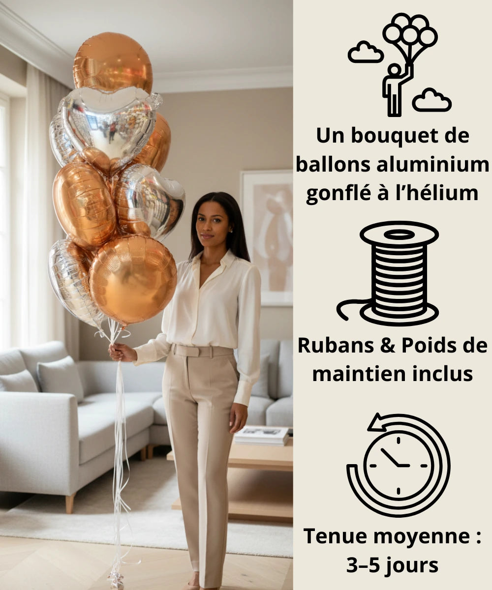 BOUQUET DE 10 BALLONS ALUMINIUM COEUR + ROND 45CM