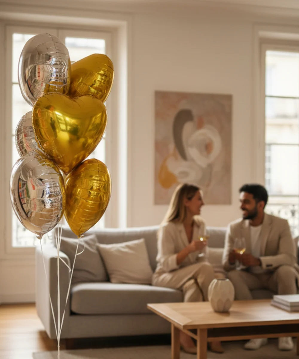 BOUQUET DE 6 BALLONS CŒUR + ROND ALU 45CM