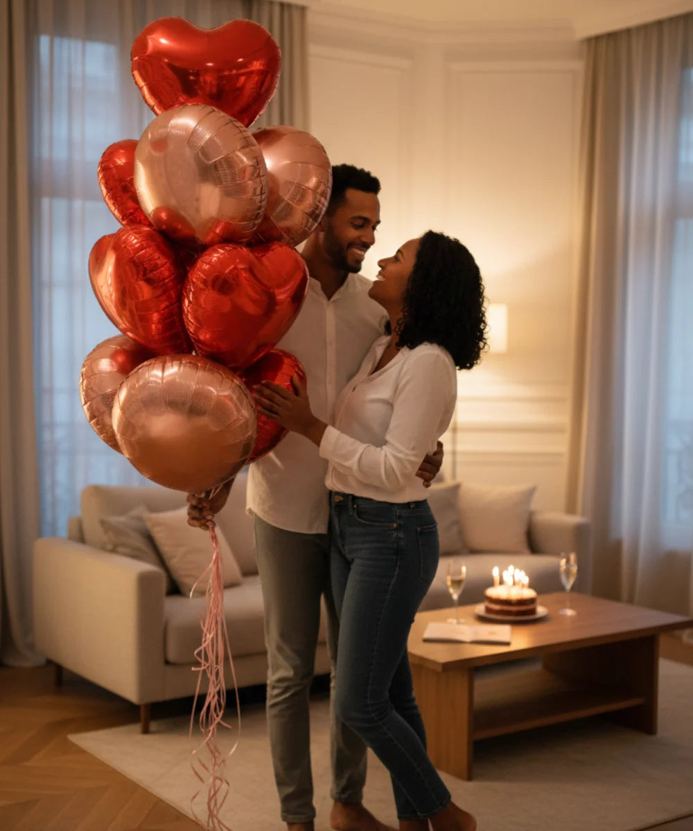 BOUQUET DE 10 BALLONS ALUMINIUM HÉLIUM - COEUR & ROND