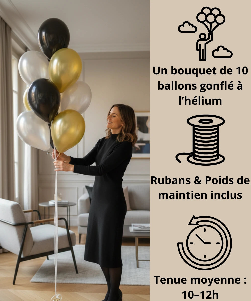 BOUQUET OF 10 LATEX BALLOONS 30CM | GOLD + BLACK + SILVER