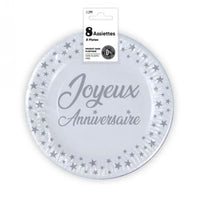 SET 8 ASSIETTES ANNIVERSAIRE EN CARTON 18CM ARGENT