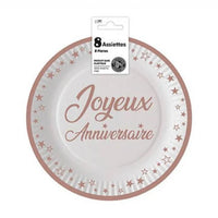 SET 8 ASSIETTES ANNIVERSAIRE EN CARTON 18CM ROSE GOLD