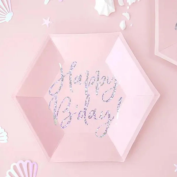SET OF 6 DURABLE PINK HAPPY B-DAY PAPER PLATES 18CM