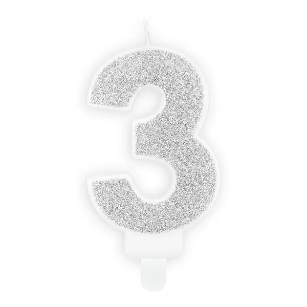 BOUGIE ANNIVERSAIRE CHIFFRE 3 ARGENT 7CM