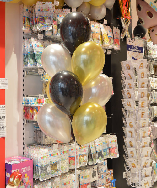 BOUQUET OF 10 LATEX BALLOONS 30CM | GOLD + BLACK + SILVER