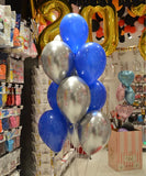 BOUQUET OF 10 LATEX BALLOONS | SHINY SILVER + BLACK/ROYAL BLUE