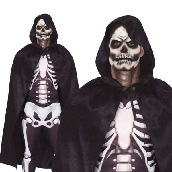 Cape en velours noire avec capuche pour déguisement Halloween adulte vampire ou squelette