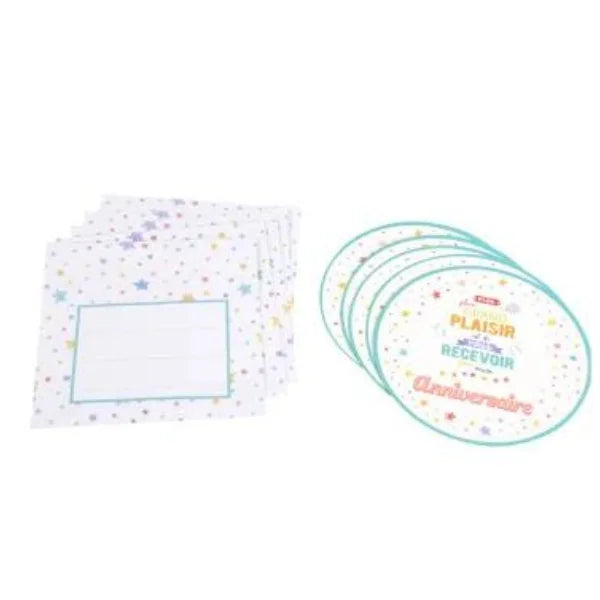 SET OF 6 PAPER BIRTHDAY INVITATIONS+ENVELOPES
