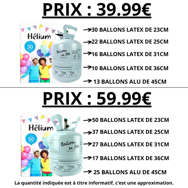 BOUTEILLE D'HÉLIUM POUR ENVIRON 30 BALLONS DE 23CM