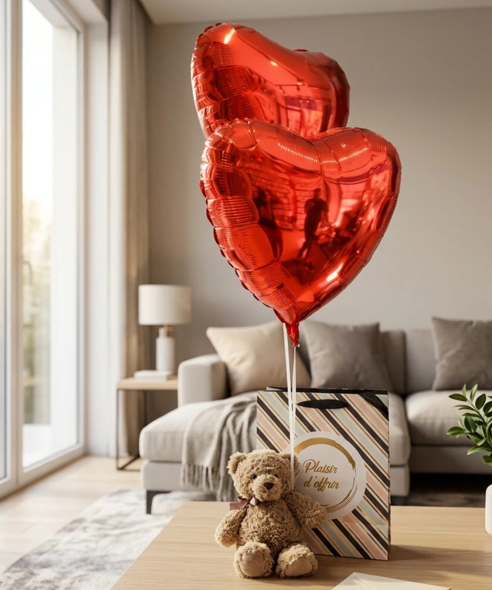 CADEAU OURSON & BALLONS CŒUR – SURPRISE PRÊTE À OFFRIR