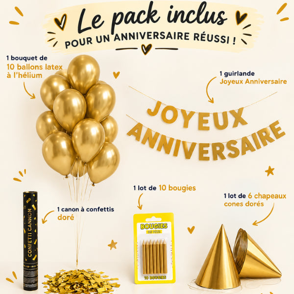 Pack Chic Doré – Ballons Latex Gonflé Hélium, Guirlande Anniversaire & Déco
