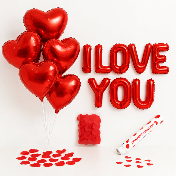 Pack Love Rouge - Ballons Cœur Gonflé Hélium, Confettis et Déco