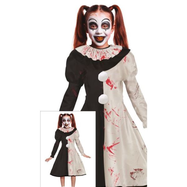 Déguisement clown sanglant fille Halloween avec robe bicolore noir et blanc maculée de sang