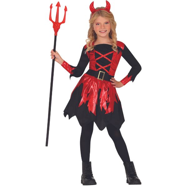 déguisement diablesse fille Halloween avec robe rouge et noire et trident