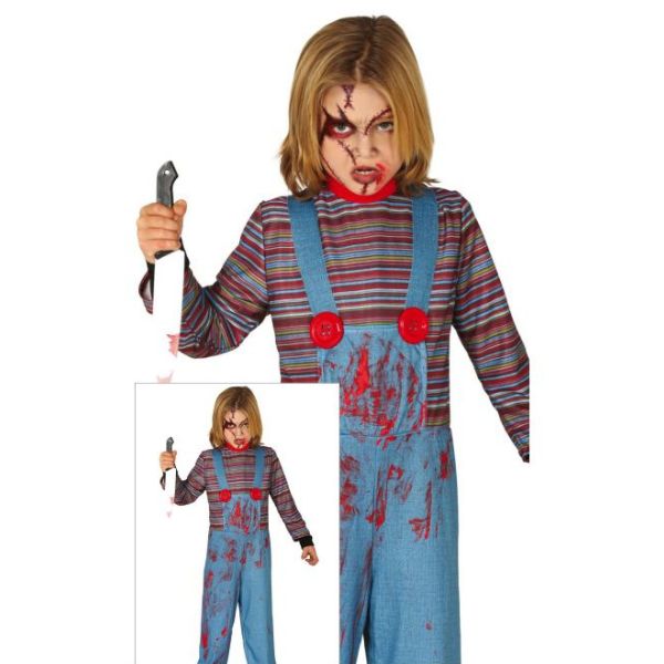 Déguisement enfant poupée tueuse Halloween inspiré de Chucky avec salopette ensanglantée et haut rayé
