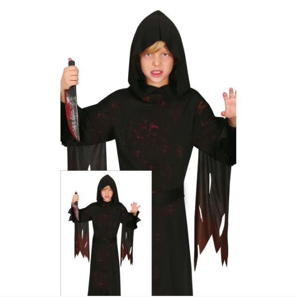 Déguisement faucheur noir enfant Halloween avec robe longue à capuche et manches déchirées