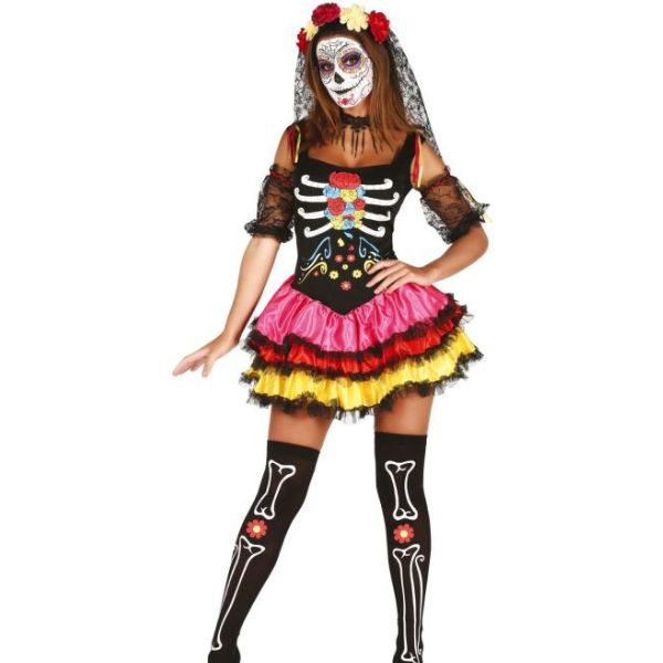 Déguisement femme squelette coloré Halloween et Día de los Muertos avec robe multicolore et dentelle noire