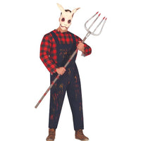 Déguisement fermier sanglant pour homme avec chemise rouge et salopette tachetée de faux sang, idéal pour Halloween.