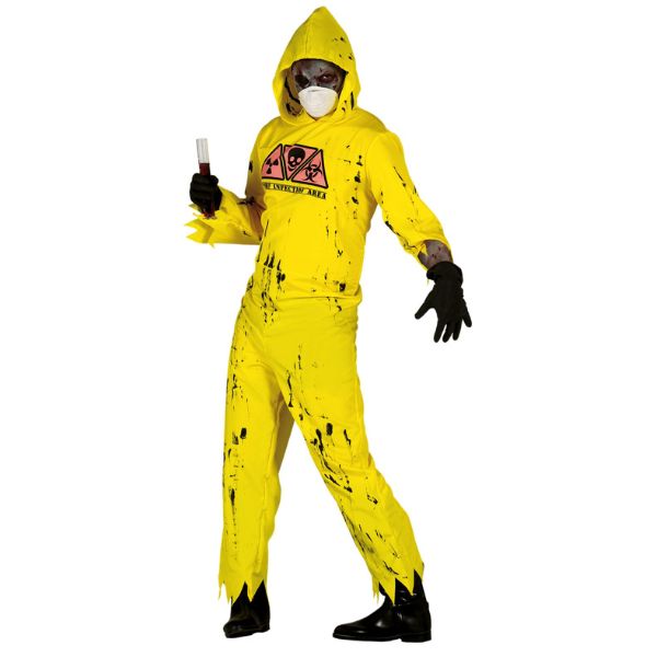 Déguisement Halloween homme combinaison toxique jaune avec capuche et taches noires.