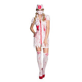 Déguisement d’infirmière sanglante pour femme avec robe blanche ensanglantée, masque et serre-tête, costume Halloween terrifiant.