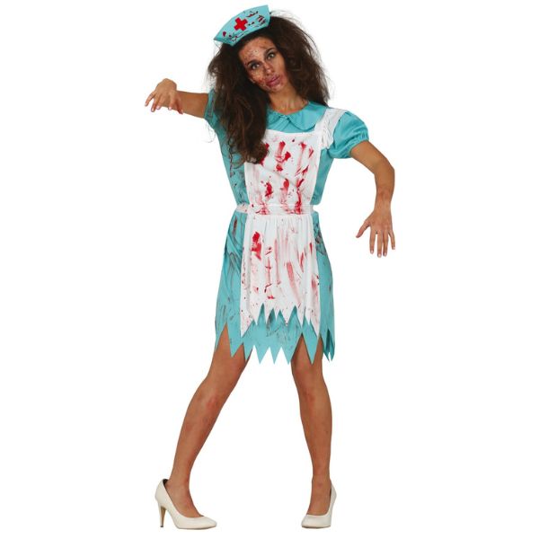 Déguisement d’infirmière zombie pour femme avec robe ensanglantée, tablier et serre-tête, costume d’Halloween effrayant.