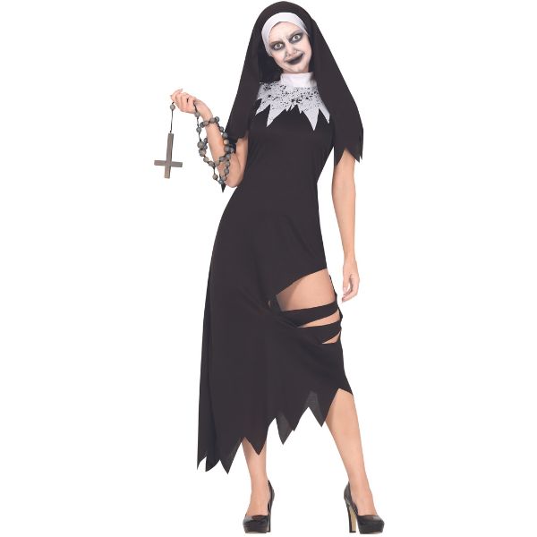 Déguisement de nonne démoniaque pour femme avec robe noire et voile, costume d’Halloween terrifiant.