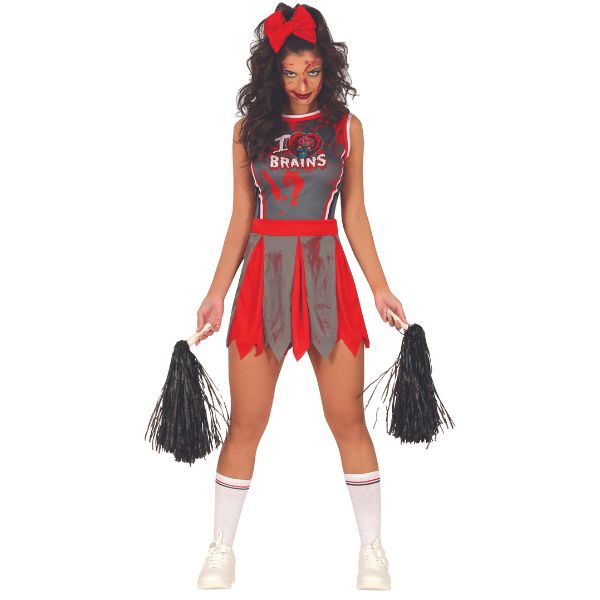Déguisement de pom-pom girl zombie pour femme avec robe rouge et grise effet déchiré, costume d’Halloween effrayant.