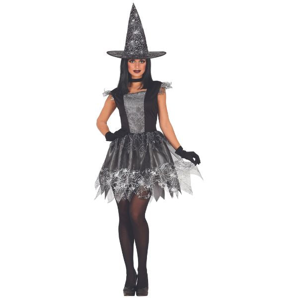 Déguisement de sorcière argentée pour femme avec robe courte et chapeau assorti, costume d’Halloween chic et magique.