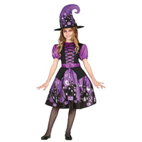 déguisement sorcière violet fille Halloween avec robe étoilée et chapeau pointu