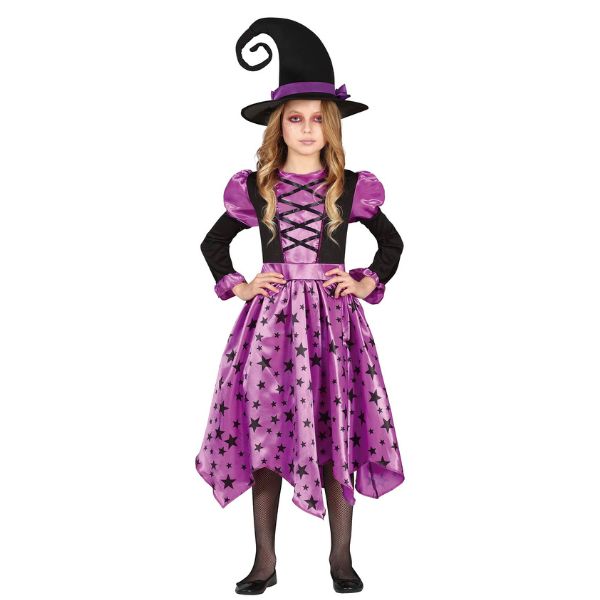 déguisement sorcière violet fille Halloween avec robe étoilée et chapeau pointu