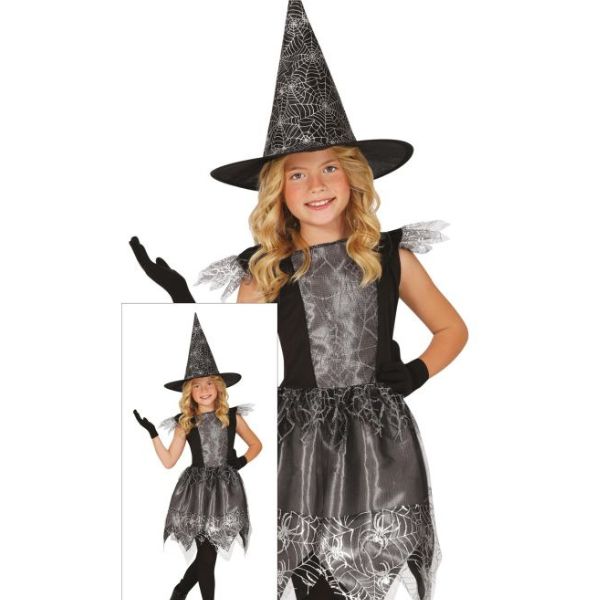 Déguisement sorcière fille Halloween avec robe noire toile d’araignée et chapeau pointu