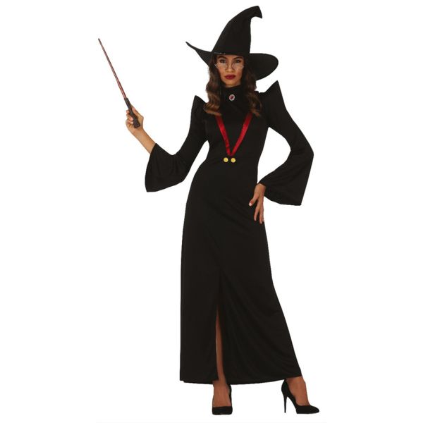 Déguisement de sorcière noire pour femme avec robe longue et chapeau, costume d’Halloween élégant et mystérieux.