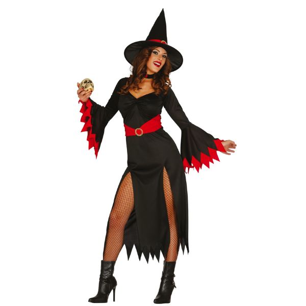 Déguisement de sorcière noire et rouge pour femme avec robe longue et chapeau pointu, costume d’Halloween élégant et terrifiant.