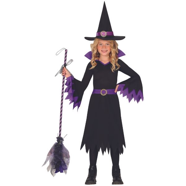 déguisement sorcière noire et violette fille Halloween avec robe, chapeau et ceinture