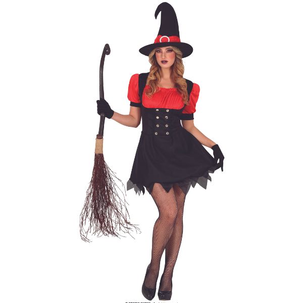 Déguisement de sorcière rouge et noire pour femme avec robe courte et chapeau assorti, costume élégant pour Halloween.