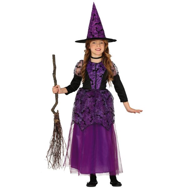 déguisement sorcière violette pour fille Halloween avec chapeau pointu et robe longue