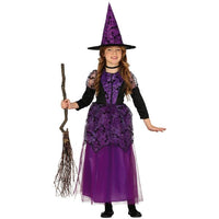 déguisement sorcière violette pour fille Halloween avec chapeau pointu et robe longue