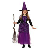 déguisement sorcière violette pour fille Halloween avec chapeau pointu et robe longue
