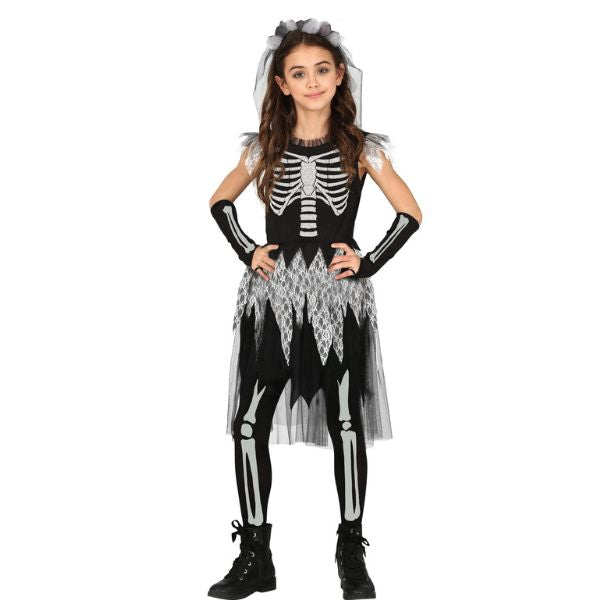 déguisement squelette fille Halloween avec robe noire, manchettes et serre-tête