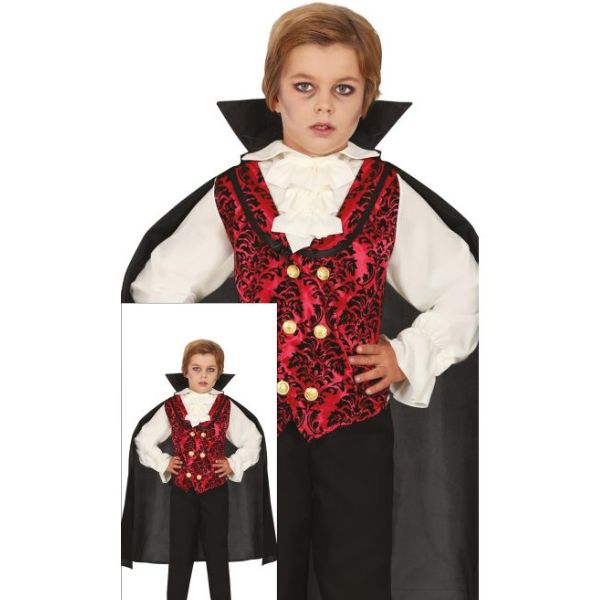 Déguisement vampire enfant Halloween avec cape noire, gilet rouge et chemise à jabot