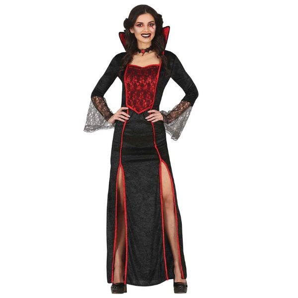 Déguisement de vampire pour femme avec robe noire et rouge à manches dentelle, costume d’Halloween chic et effrayant.