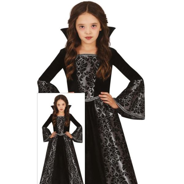 Déguisement vampire fille Halloween avec robe noire et argentée au style gothique