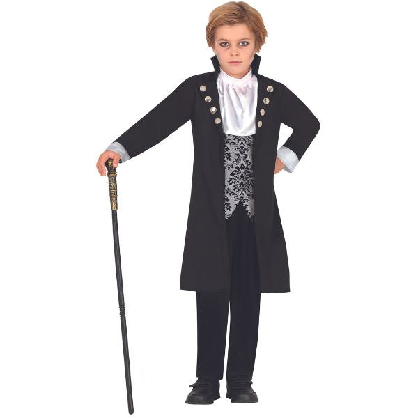 Déguisement de vampire pour garçon avec manteau, gilet et pantalon noir, costume élégant pour Halloween.